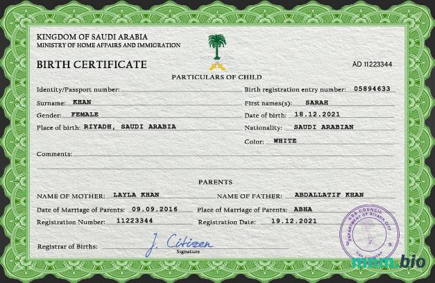 Saudi Arabia rekord życiowy narodziny certyfikat PSD szablon
